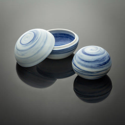 Porcelain Trinket Boxes with blue swirls through the clay