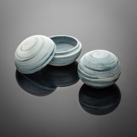 Porcelain Trinket Boxes with green swirls through the clay